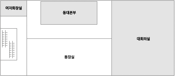 청사 2층안내도 왼쪽 상단부터 여자화장실, 동대본부, 동장실, 대회의실