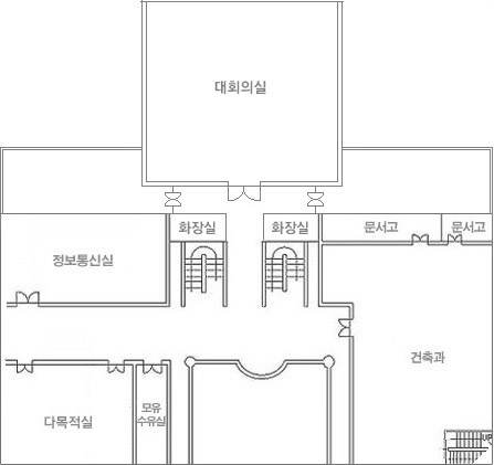 청원구청 2층 안내도입니다. 12시방향부터 시계방향으로 대회의실, 화장실, 문서고, 문서고, 건축과, 모유수유실, 다목적실, 정보통신실, 화장실이 있습니다.