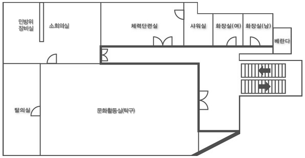 3층에는 작은도서관, 체력단련실, 샤워실, 탈의실, 문화활동실, 남/여 화장실이 있습니다.