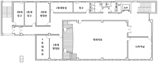 3층에는 다목적실, 대회의실(3층대강당), 중대본부, 창고, 남/여 화장실이 있습니다.